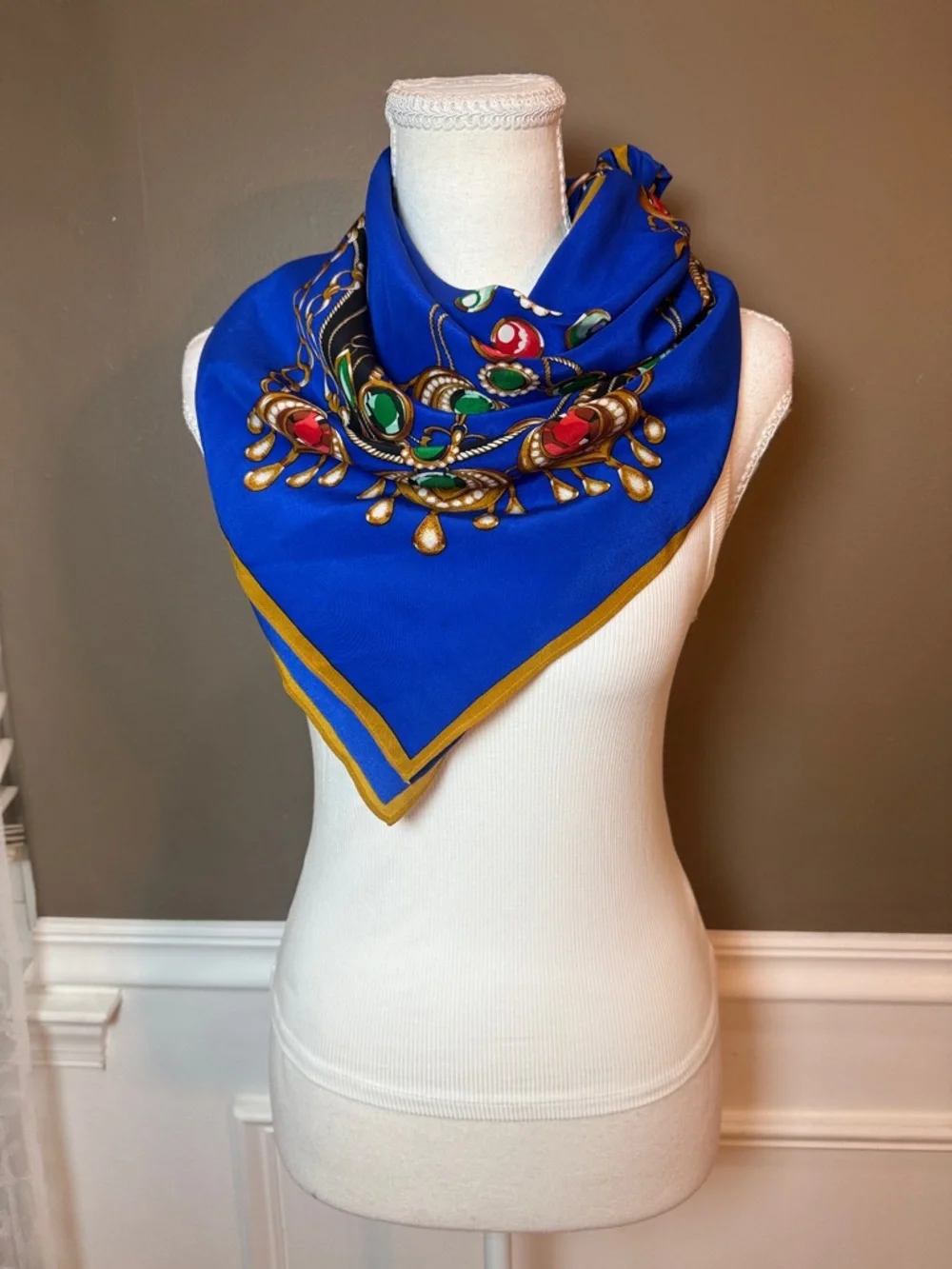 Vintage Style Blue Satin Scarf Top Jewel‎ Chain Print Festival Boho 34x34